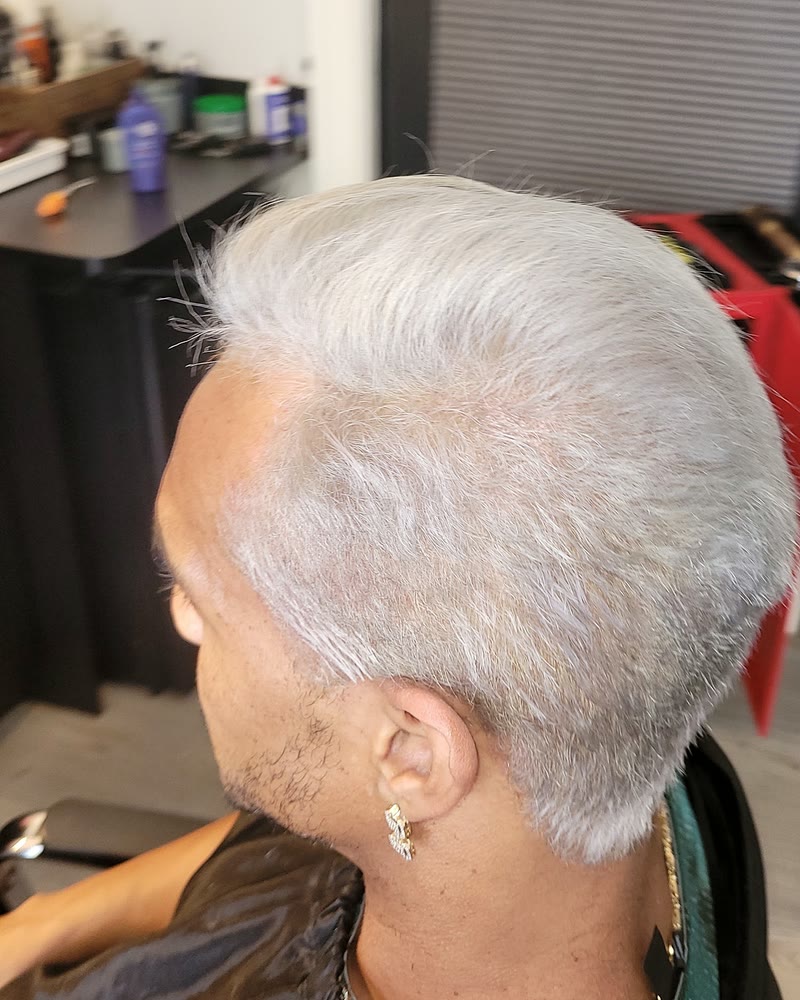 Short men's haircut with platinum silver hair color at Will Vazquez Beauty Bar, Orlando